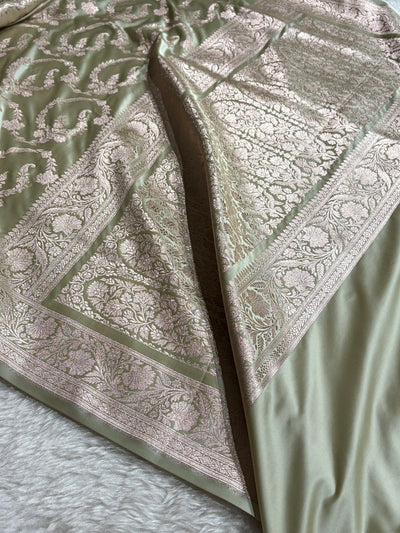 Pastel Pista Shades Banarasi With Floral Jaal Pattern Mashru Silk Saree MSM-132