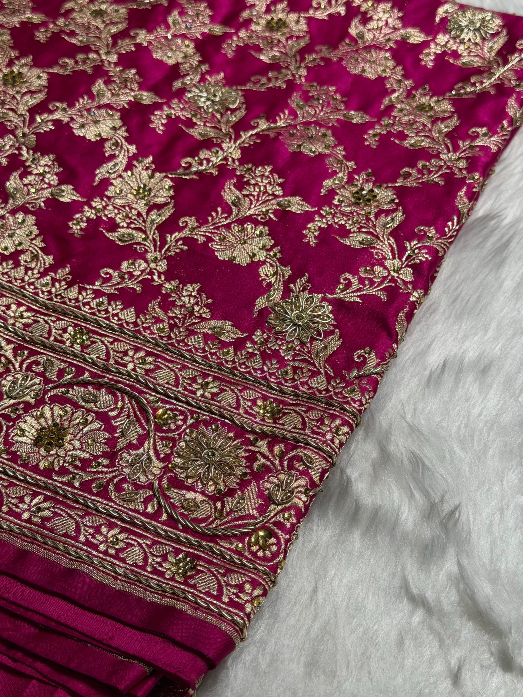 Pure Handloom Bridal Rani Katan Silk Banarasi Saree with Zardozy, Ari and Stone work PBSK01