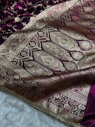 Satin Silk Banarasi Jaal In Wine Shades With Gotta Patti  SSGP14