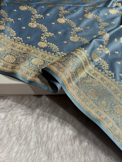 Banarasi Satin Katan Saree With Jaal Pattern in Sky Blue Shades SK121