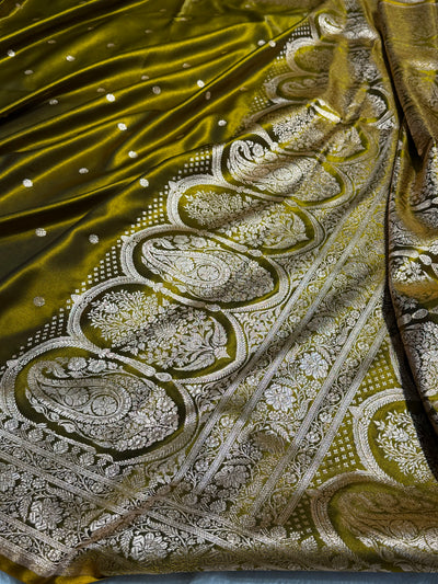 Satin Silk Saree Banarasi Booti in Mehendi Green Shades SS29