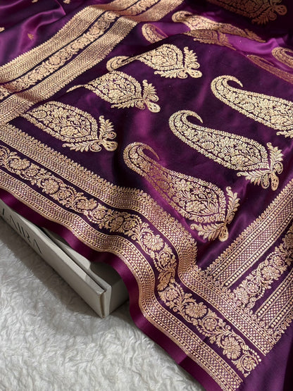 Banarasi Satin Katan Saree With Booti Pattern in Cross Wine Shades SK125