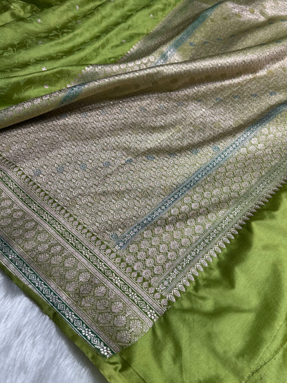 Banarasi Tanchoi Pista Green with Dark Green Blouse Shades Floral Booti Mashru Silk Saree