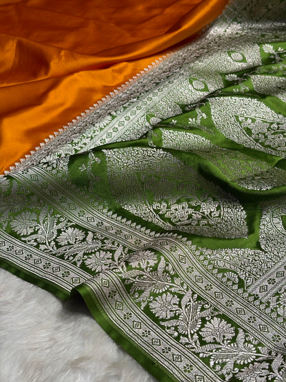 Contrast Orange with Green Border Plain Mashru Silk Saree MS22