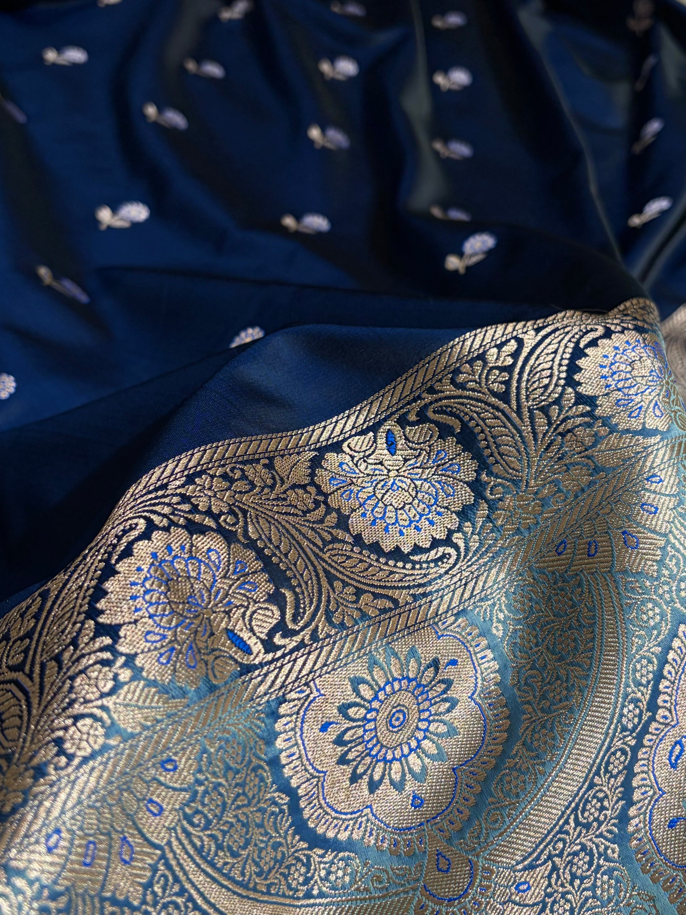 German Blue / Sky Blue Shades Banarasi Booti Pattern Mashru Silk Saree MSM-137
