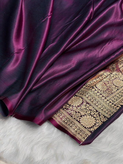 Wine Unique Boota Pattern Satin Katan Silk Saree SK69