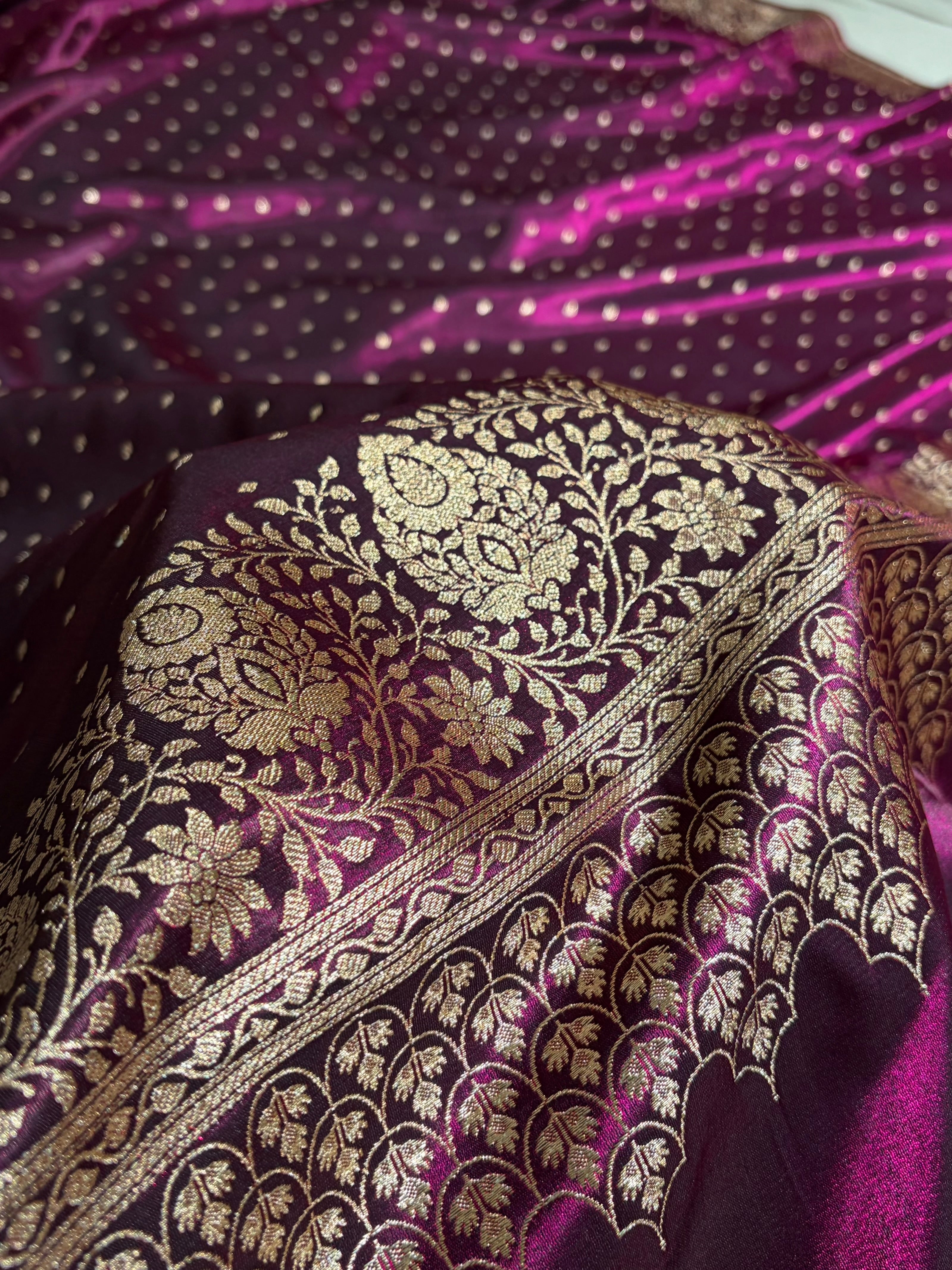 Satin Silk Saree Floral Boota in Wine Shades SS28