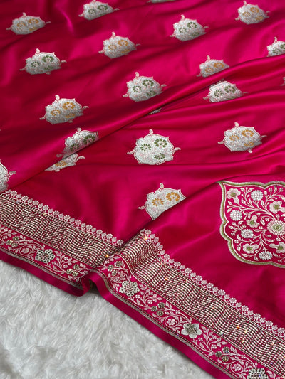 Premium Banarasi Satin Katan Saree Swarovski Work Minakari Booti Pattern in Rani Shades BSK04