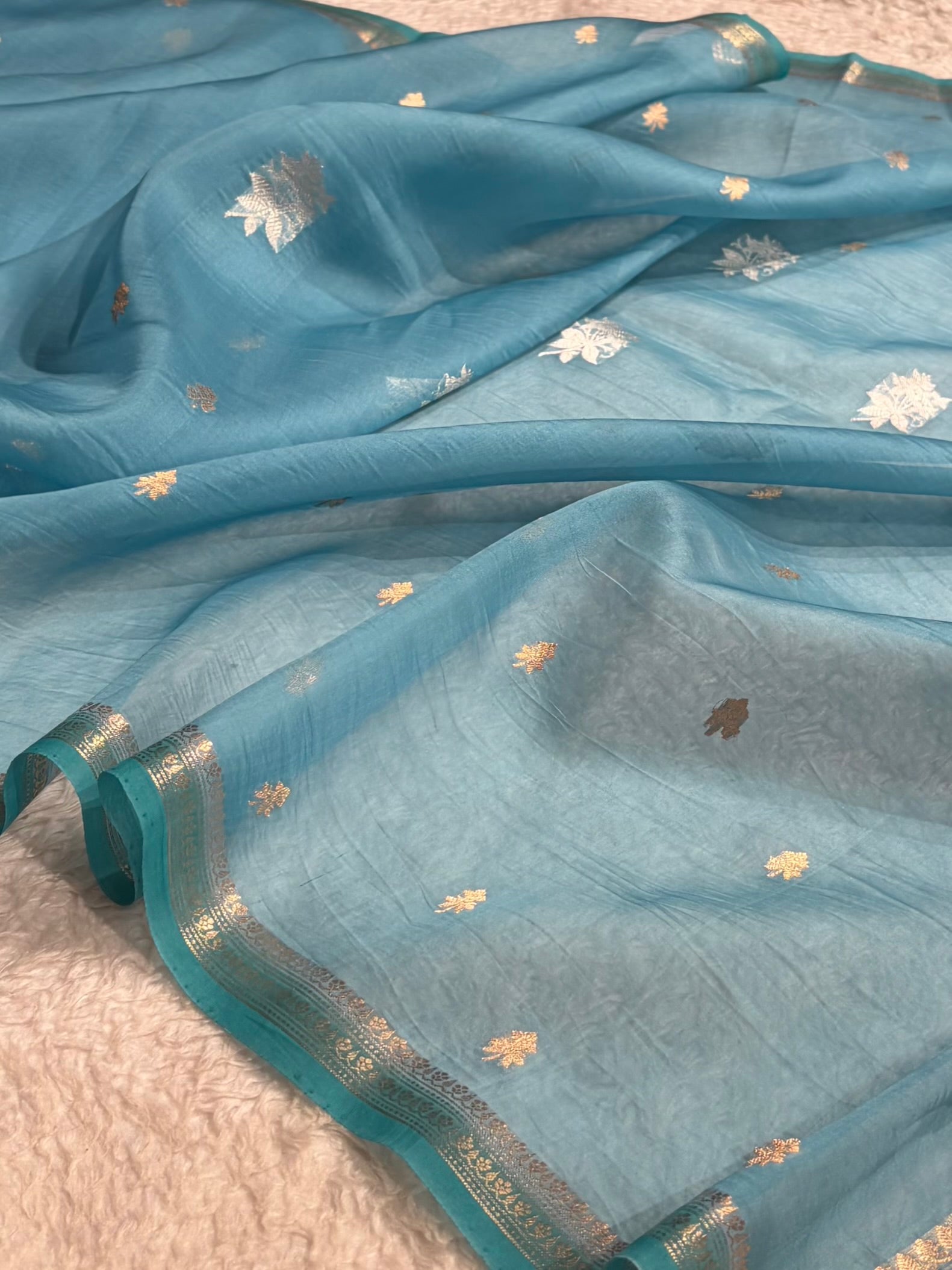 Banarasi Pure Organza Sky Blue Shades Contrast Edges Banarasi Silk Saree PO-34