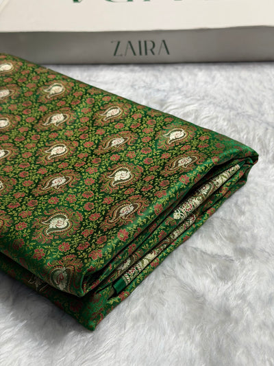 Bottle Green Jamawar Tanchoi With Minakari Jaal Katan Silk Saree SKTM-24
