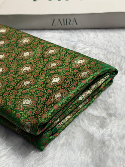 Bottle Green Jamawar Tanchoi With Minakari Jaal Katan Silk Saree SKTM-24