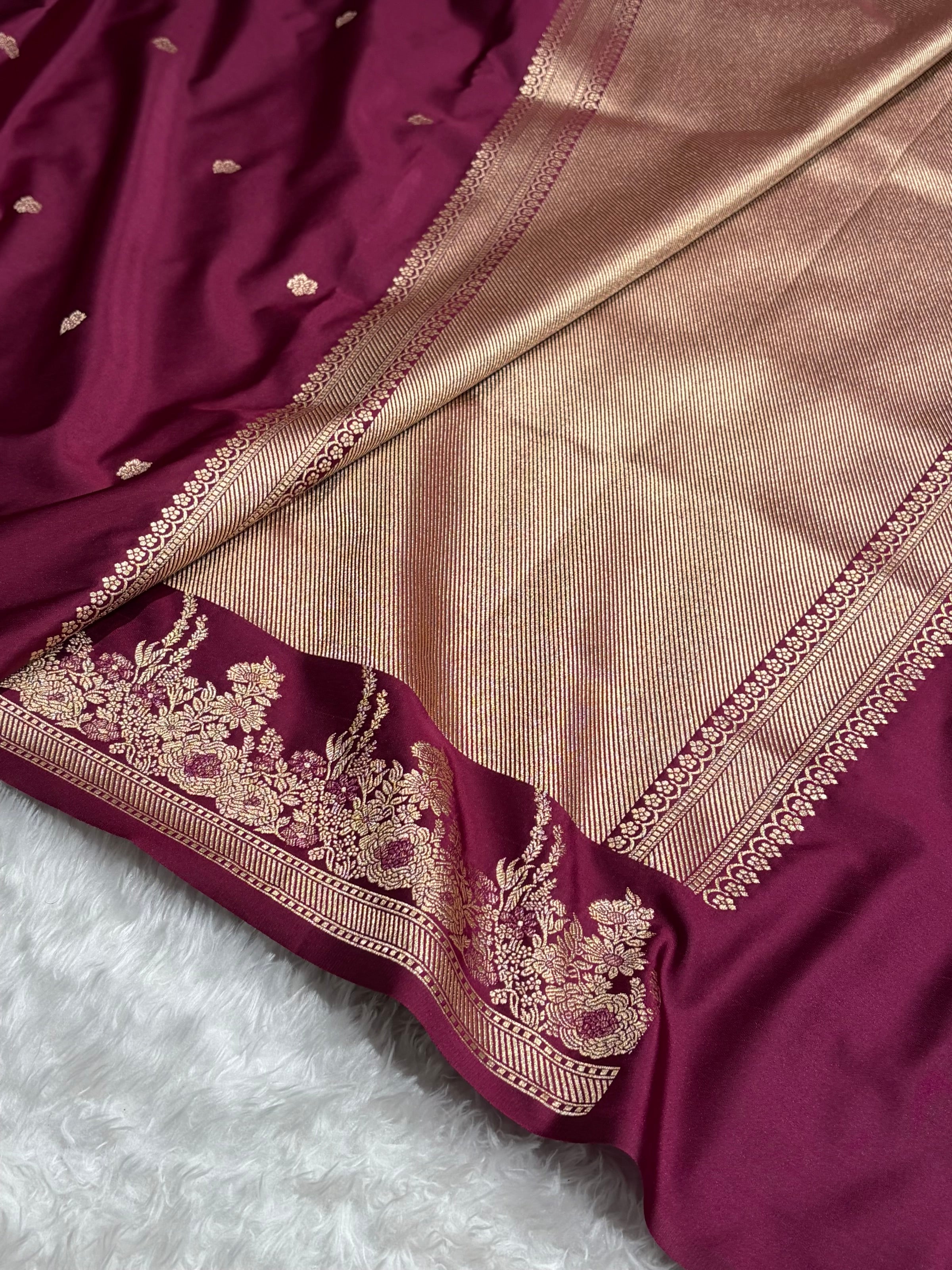 Banarasi Satin Katan Saree Booti Minakari Pattern in Wine Shades SK136