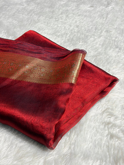 Cross Red Shades Pure Tissue Silk Saree with Brocade Blouse PT-31
