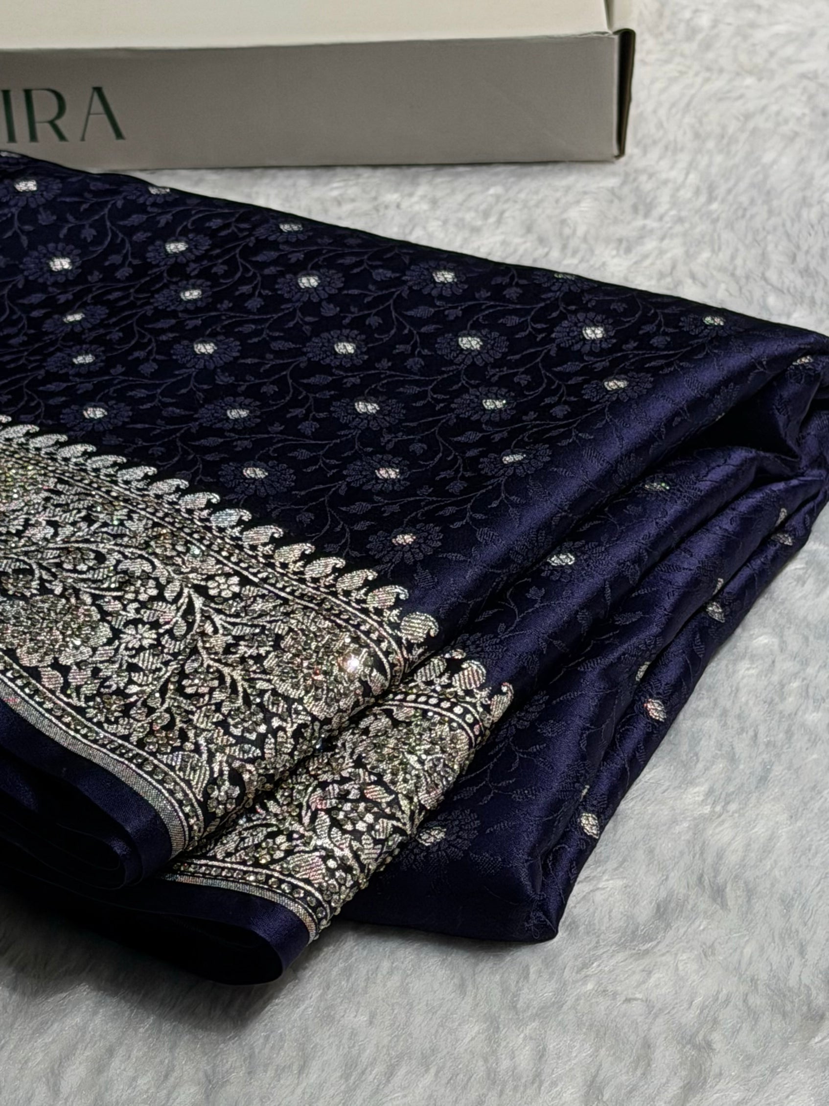 Navy Blue Shades Booti Tanchoi With White Swarovski Work Mashru Silk Saree BMS49