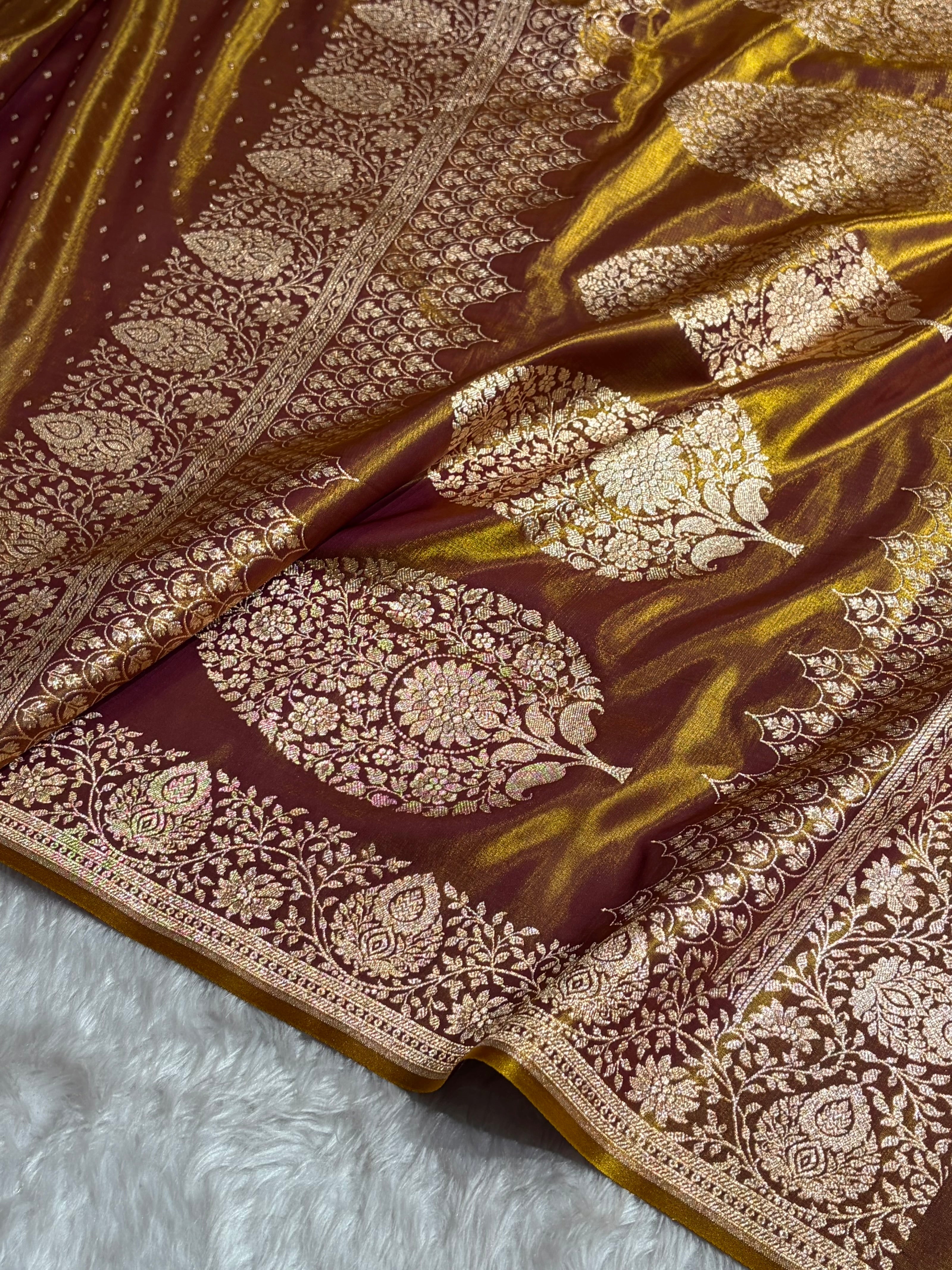 Satin Silk Saree Floral Boota in Magentic Gold Shades SS28
