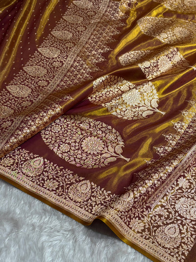 Satin Silk Saree Floral Boota in Magentic Gold Shades SS28