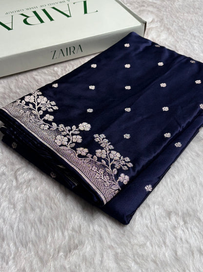 Navy Blue Shades Floral Border Booti Mashru Silk Saree MS75