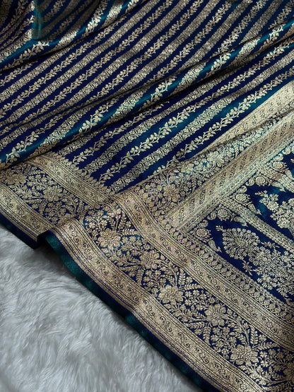 Peacock Shades Stripe Pattern Banarasi Satin Silk Saree SS46