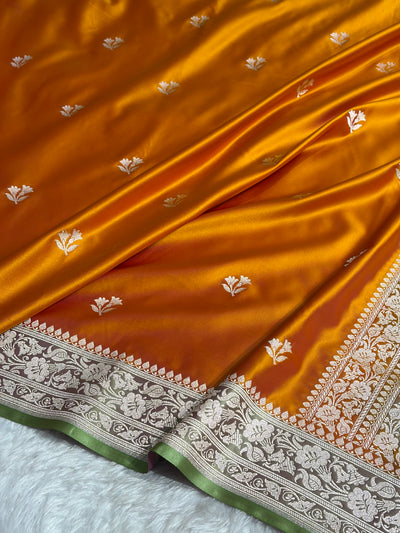 Contrast Orange / Olive Gold Shades Banarasi Booti Pattern Mashru Silk Saree MSM-138