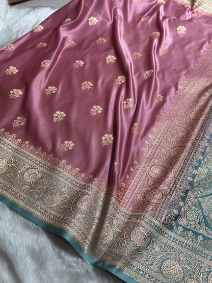 Baby Pink - Turquoise Banarasi Boota Katan Silk Saree SKM29