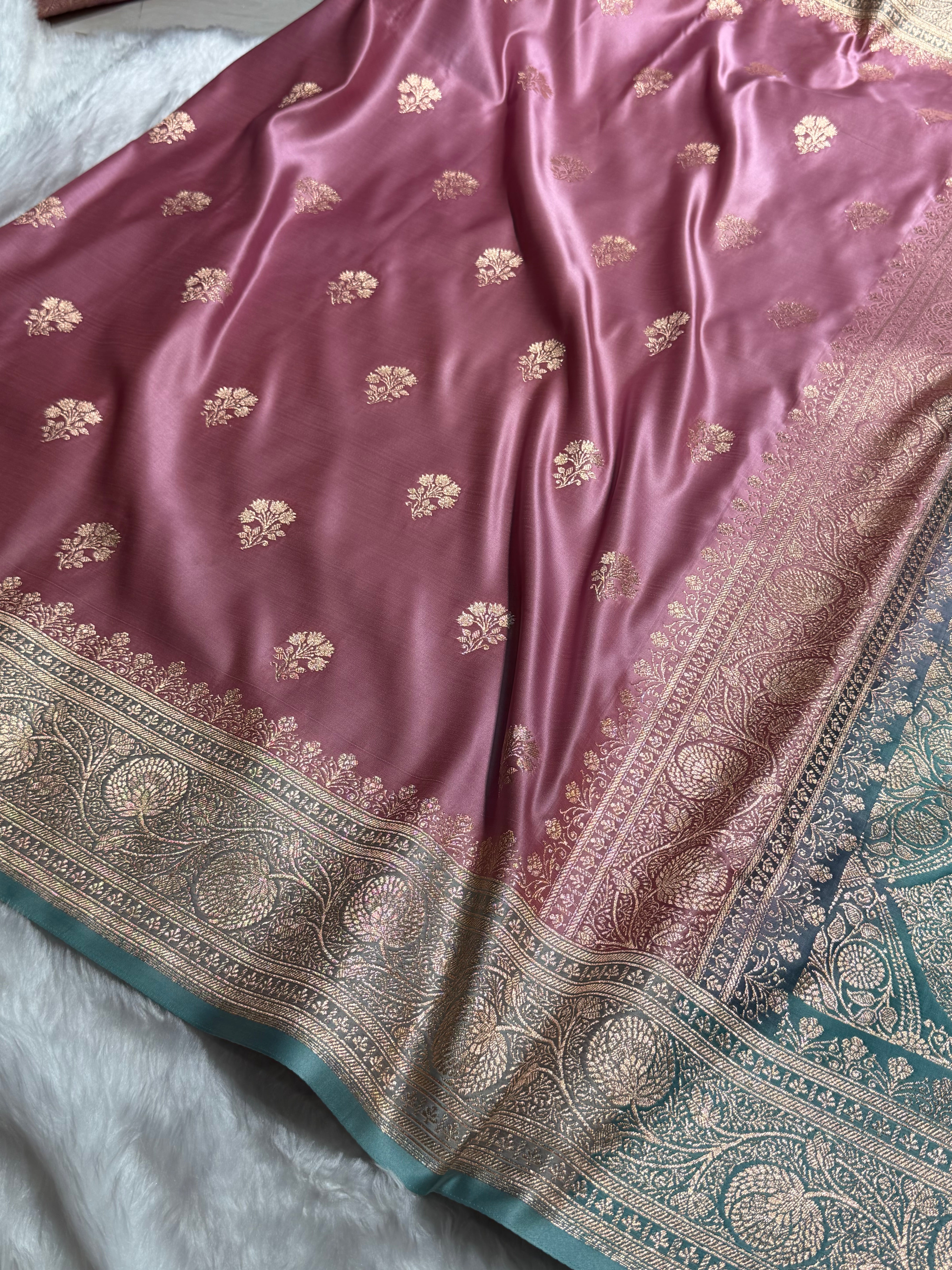 Baby Pink - Turquoise Banarasi Boota Katan Silk Saree SKM29