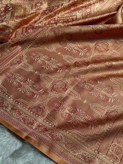 Banarasi Rose Peach Shades Jamawar Tanchoi With Minakari Jaal Katan Silk Saree SKTM-26