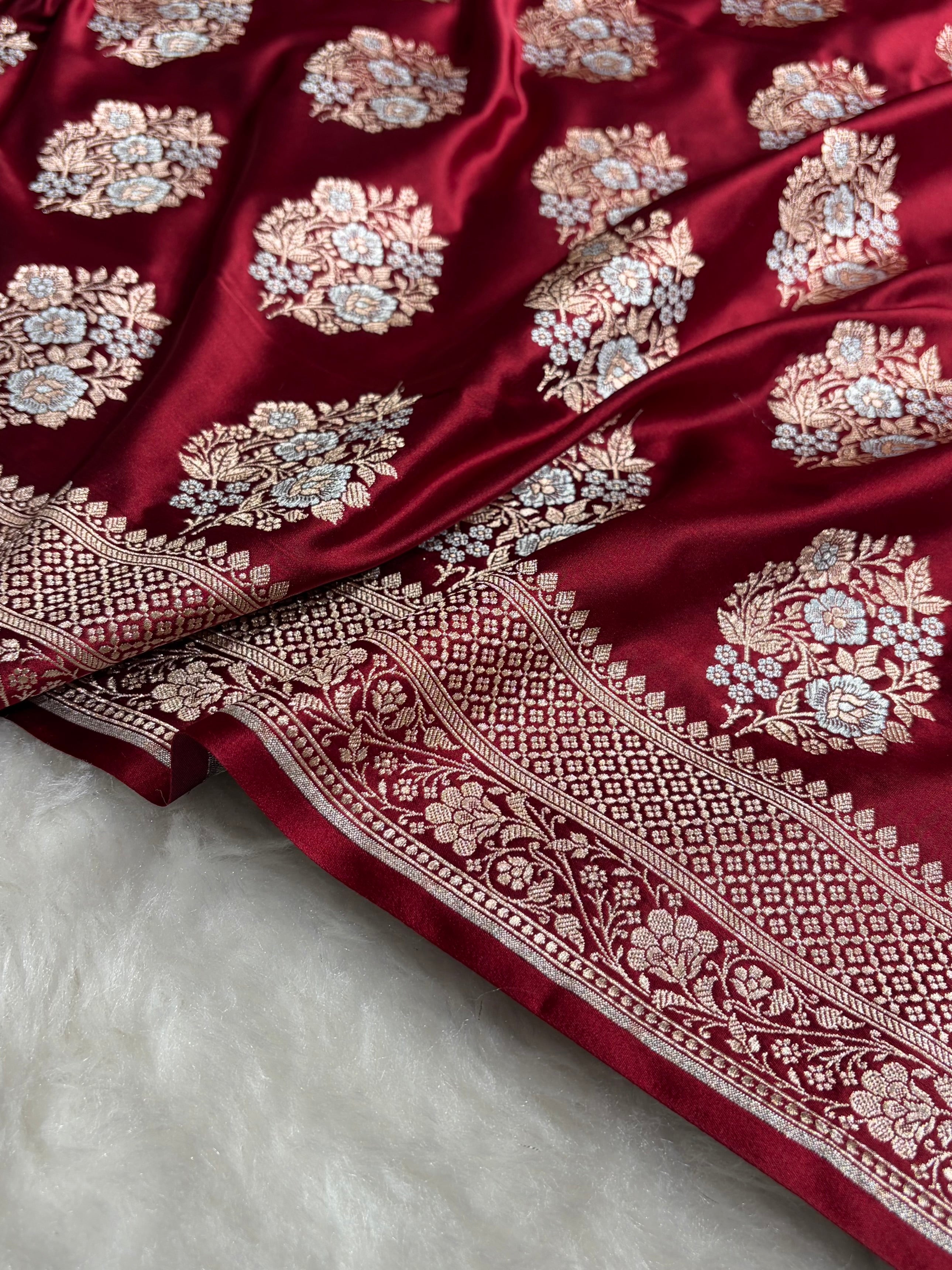 Premium Banarasi Satin Katan Saree With Minakari Boota in Maroon Shades SK93