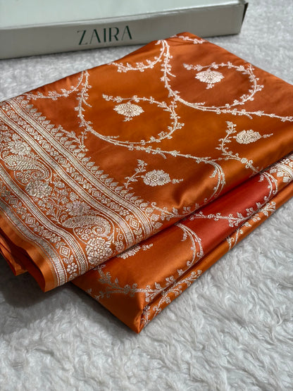 Banarasi Orange Rangkat Mashru Silk Saree Jaal MSRK44