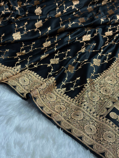 Banarasi Satin Katan Saree With Boota in Black Shades SK102