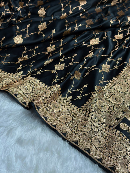 Banarasi Satin Katan Saree With Boota in Black Shades SK102