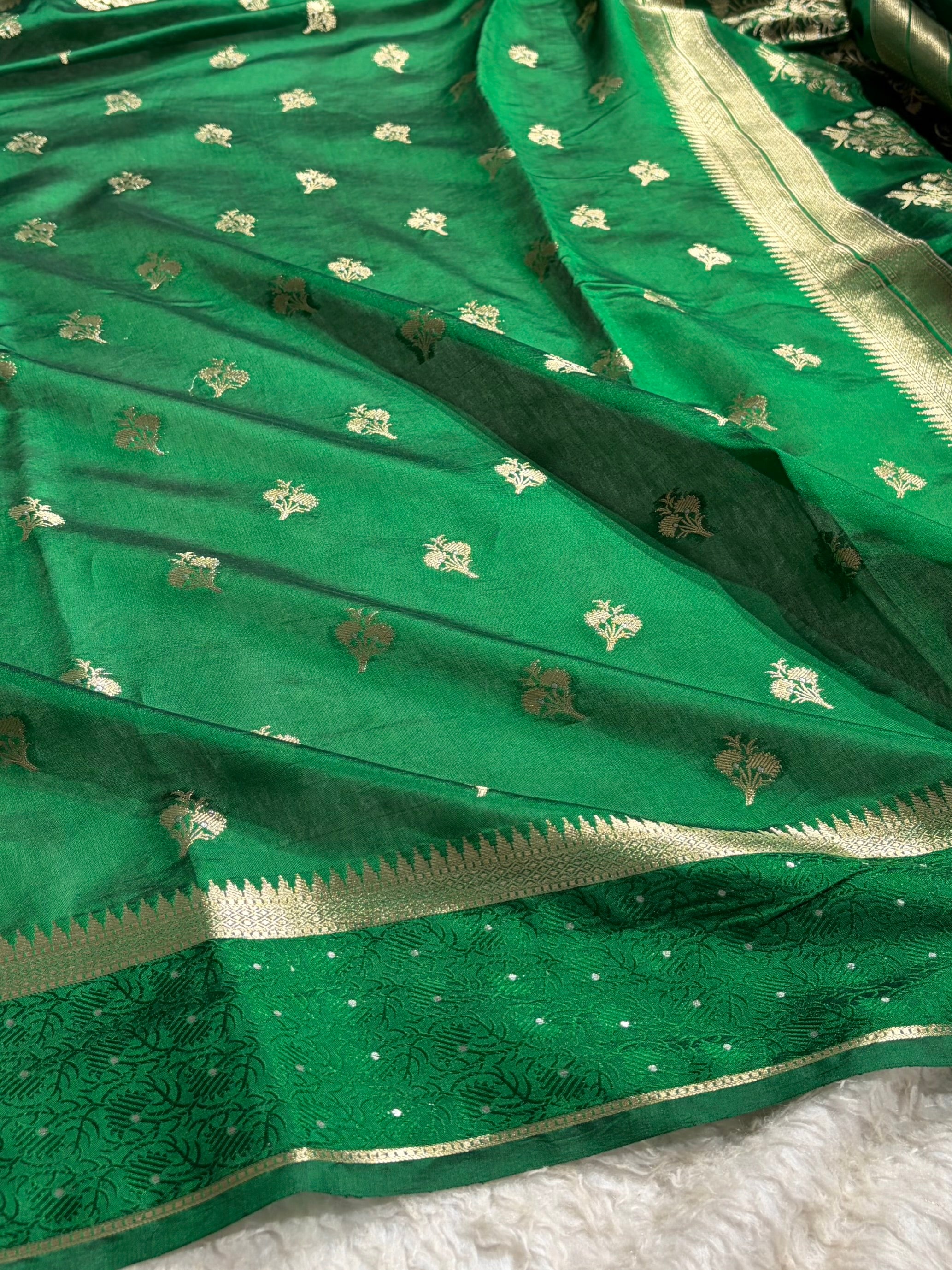 Bottle Green Shade Flower Boota Pure Caramel Mango Silk Saree CS-15