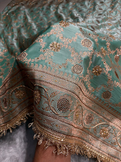 Sea Green Swavroski & Zardozi Work With Gotta Patti Jaal Pattern Satin Katan Silk Saree BSKGP25