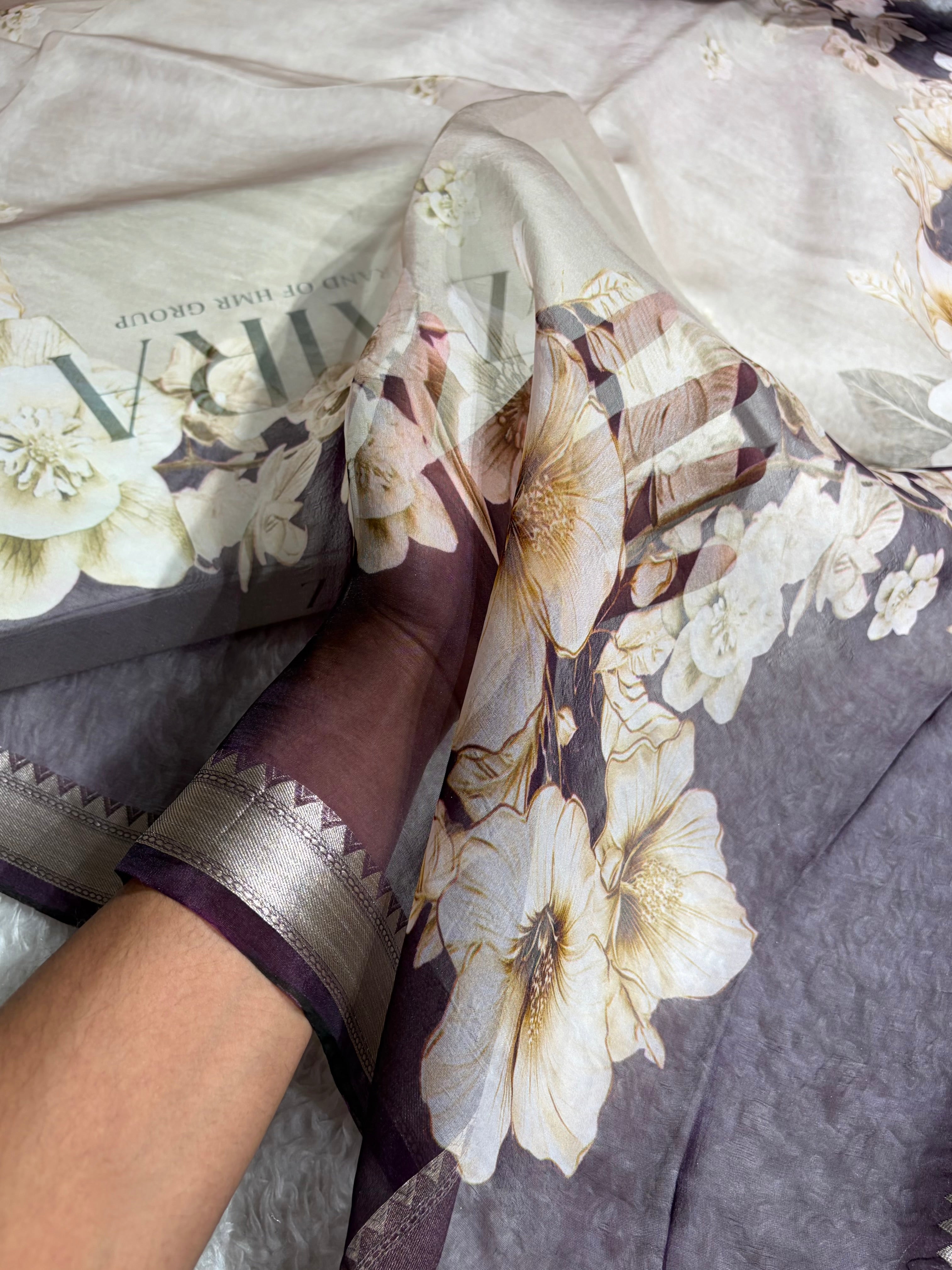 Light Beige & Wine Organza with Pastel Multicolor Florals & Gold Zari Border POP08