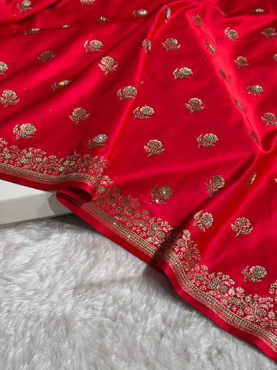 Banarasi Cross Red Floral Booti With Swarovski Work Katan Silk Saree BSK23