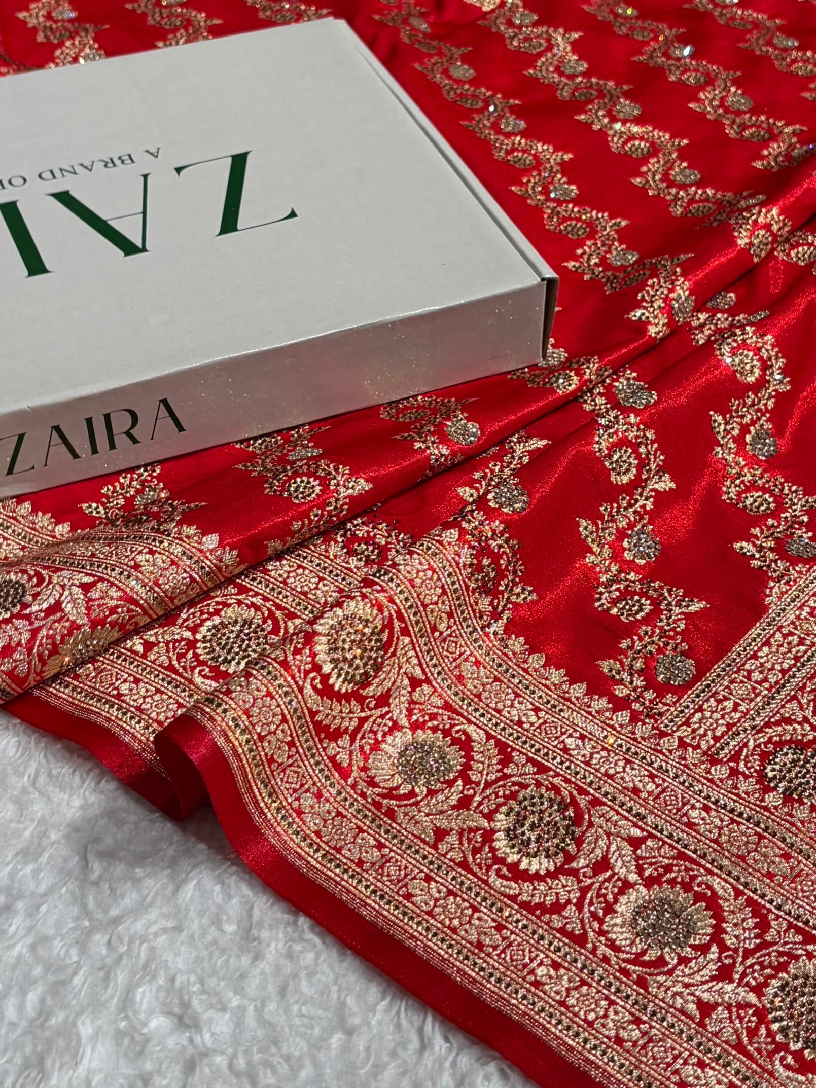 Banarasi Bridal Red Shades With Swarovski Stone and White Stone Work Satin Silk Saree BSS32