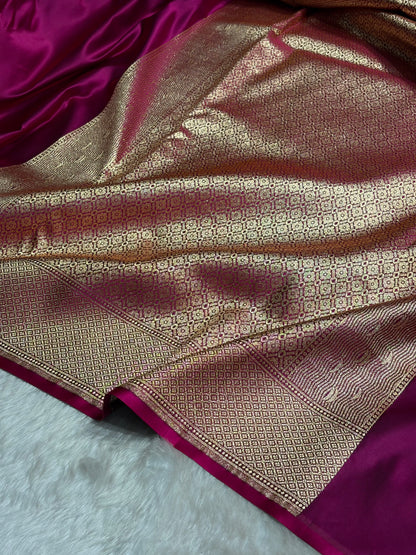 Wine Banarasi Ghat Pattern Satin Katan Silk saree SK33