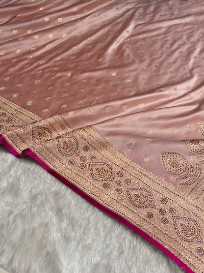Rose Gold Swarovski Work Booti Satin Katan Silk Saree BSK10 (W)