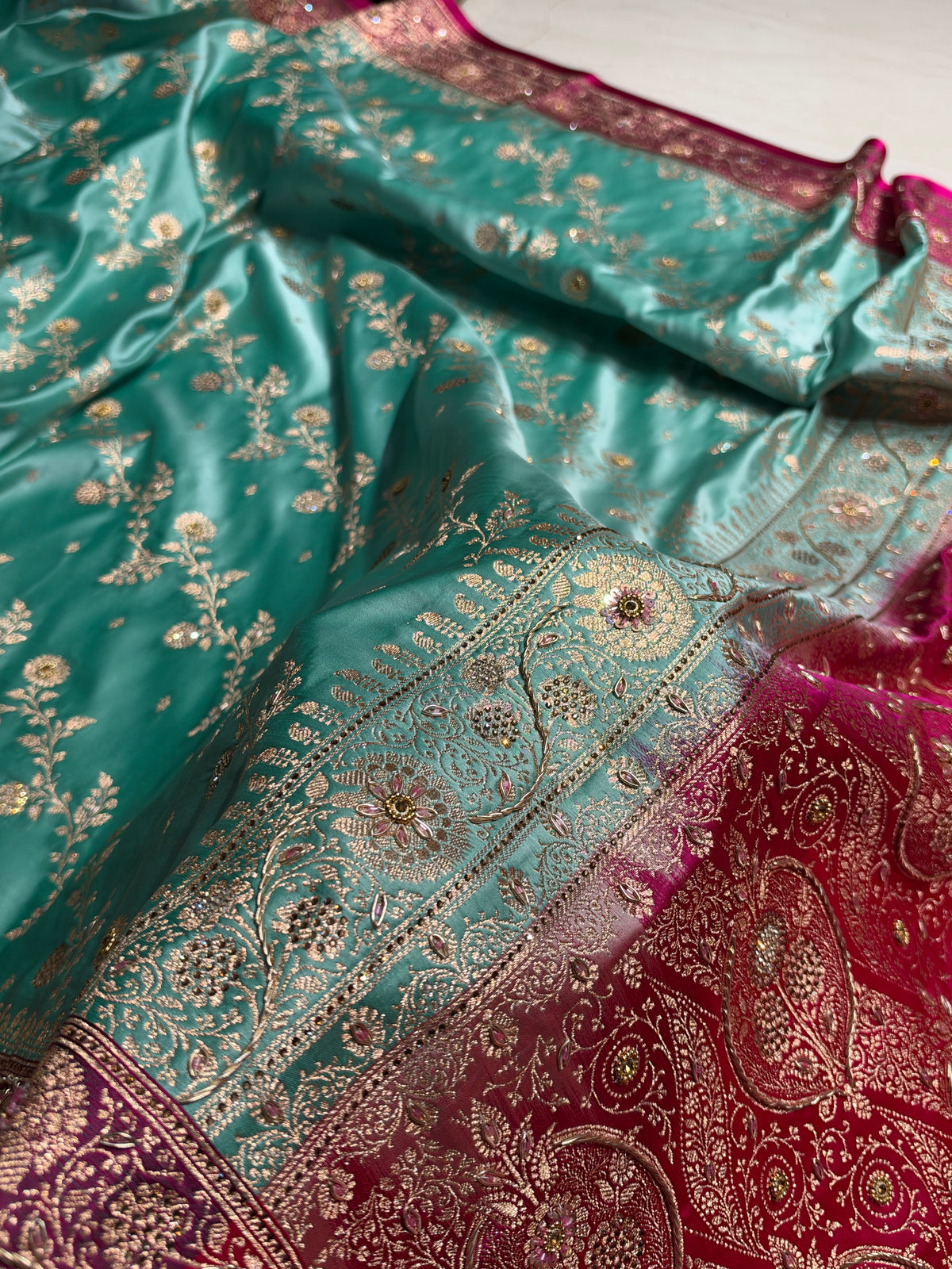 Seagreen and Rani Contrast Banarasi Satin Katan Saree With Aari Zardozi Work Boota in Cross Pista Green Shades BSK157