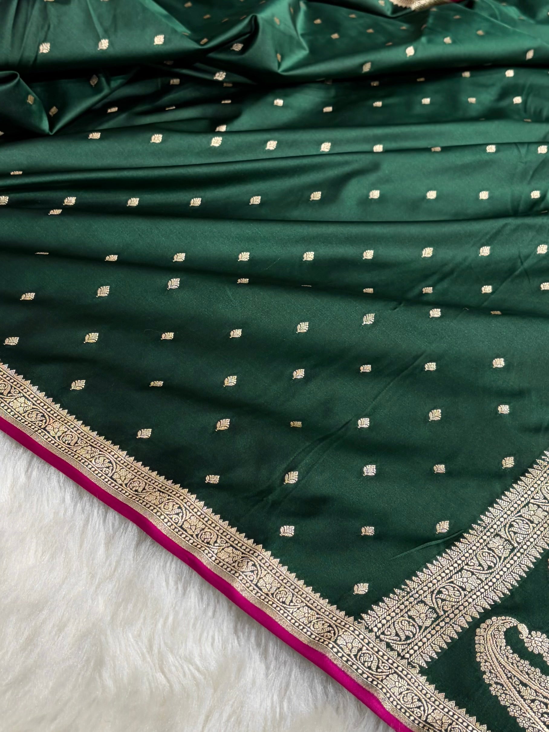 Premium Banarasi Satin Katan Saree in Dark Bottle Green Shades SK90