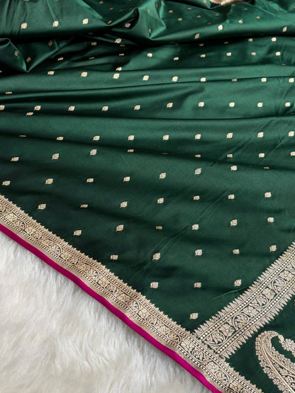 Premium Banarasi Satin Katan Saree in Dark Bottle Green Shades SK90