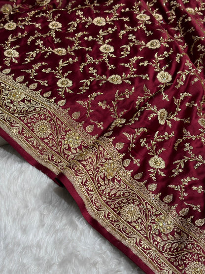 Garnet Shades Banarasi With Ari Zardozi Work Jaal Katan Silk Saree BSKM37