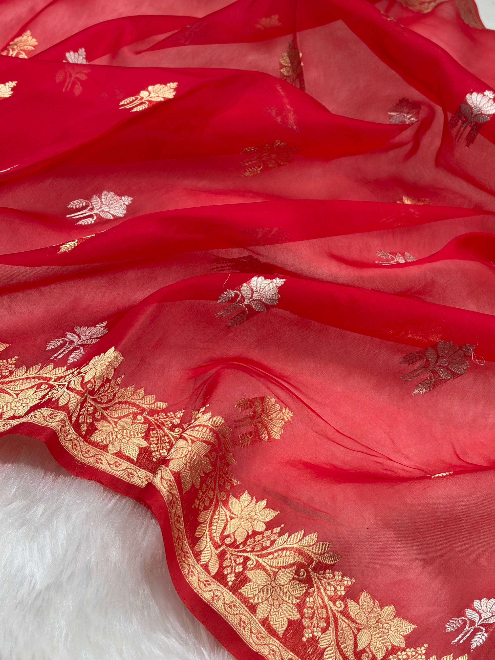 Pure Banarasi Organza Red Shades Floral Banarasi Silk Saree PO-25