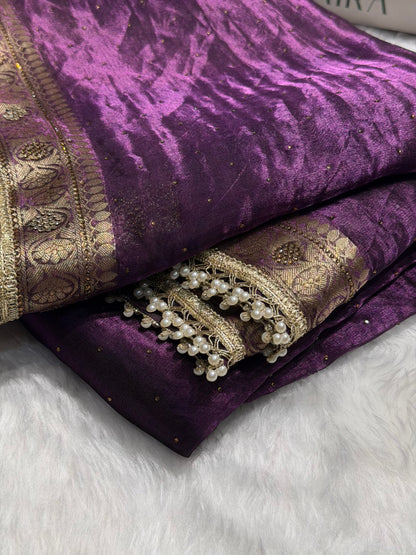 Wine Shades Pure Tissue Silk With Banarasi Swarovski Work Saree with Brocade Blouse BPT-09