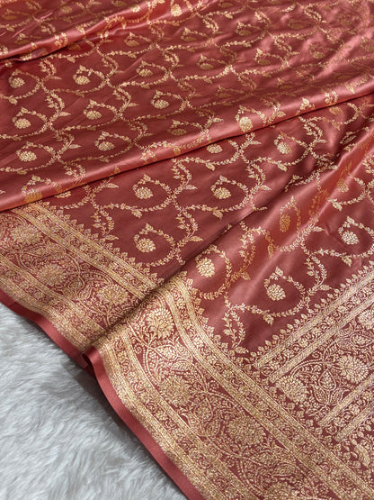 Dusty Peach Shades Floral Jaal Pattern Satin Katan Silk saree SK55