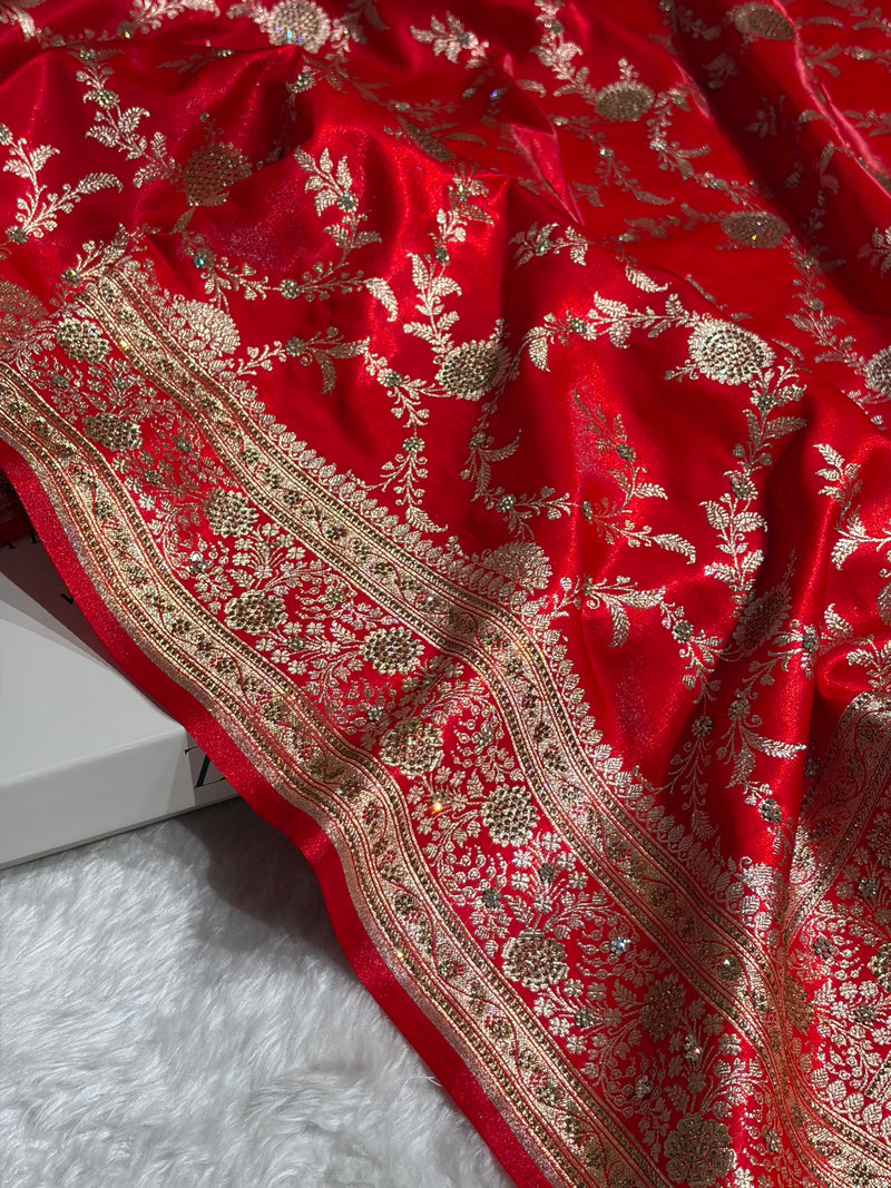 Light Weight Red Satin Silk Saree with Swarovski work BSS14