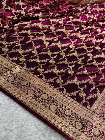 Wine Shades Cross Pattern Banarasi Satin Silk Saree SS40