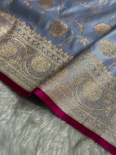 Powder Lavender Banarasi Jaal Satin Katan Silk Saree SK06