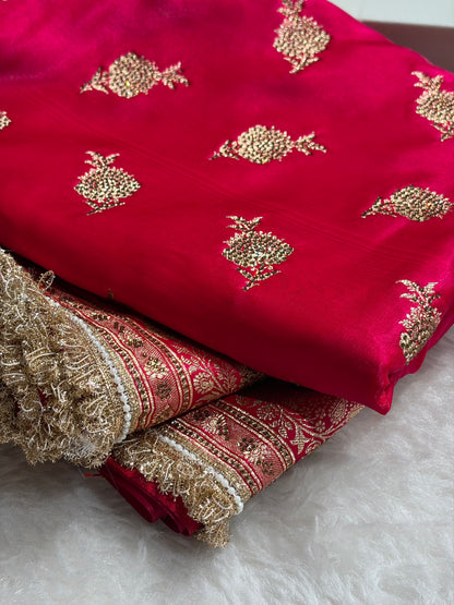 Satin Silk Saree Floral Boota With Swarovski & Gotta Patti Work in Cross Rani Shades BSSGP26