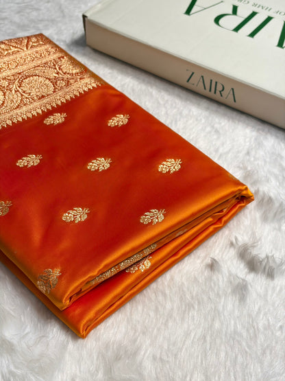 Fire Gold Floral Boota Pattern Satin Katan Silk Saree SK71