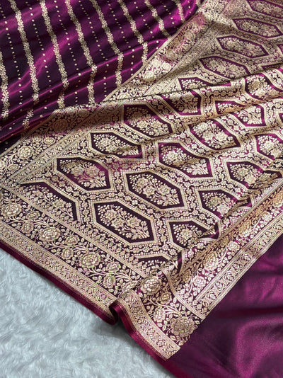 Banarasi Wine Shades Cross Pattern Banarasi Satin Silk Saree SS61